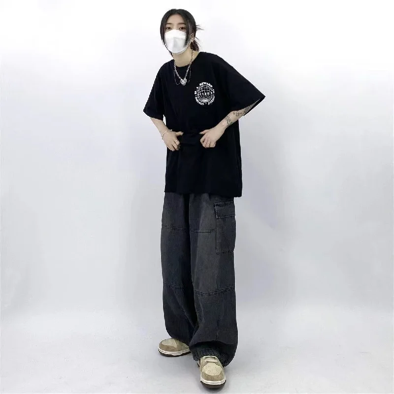 Bonsir Men's Hip-hop Style Casual Pants Fashion Trend Large Overalls Washed Loose Jeans Black/blue Color Oversized Trousers M-2XL