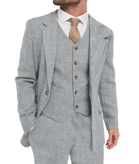 Bonsir Mens Suit Grey 3 Piece Suit Hight Quality Wool Tweed Wedding Groomsmen Shawl Lapel Tuxedos Slim Fit Blazer+Pants+vest