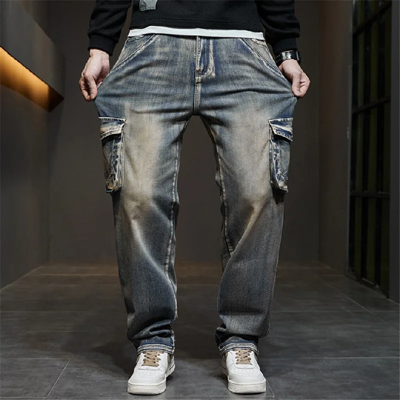 Bonsir 42 44 Plus Size Jeans Men Denim Pants Baggy Jeans Vintage Cargo Pants Loose Fashion Causal Trousers Male Big Size Bottoms