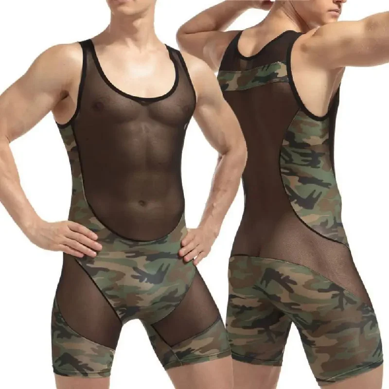 Bonsir Bodysuit Siamese Underwear Panties Shapers Buttons Wresling Suit Breathable Mesh Mens Underwear Camouflage Transparent Bodywear