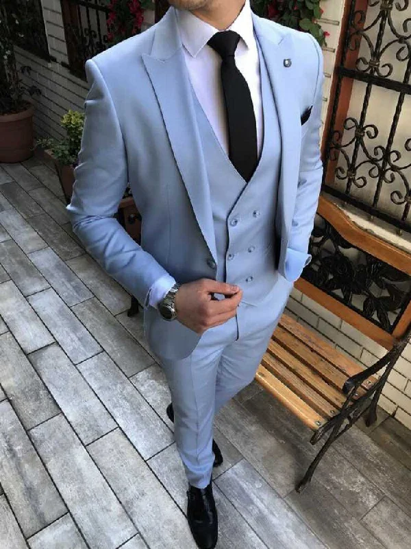 Bonsir Brand New Men Suits Baby Blue Groom Tuxedos Peak Lapel Groomsmen Wedding Best Man 3 Pieces ( Jacket+Pants+Vest+Tie ) C913