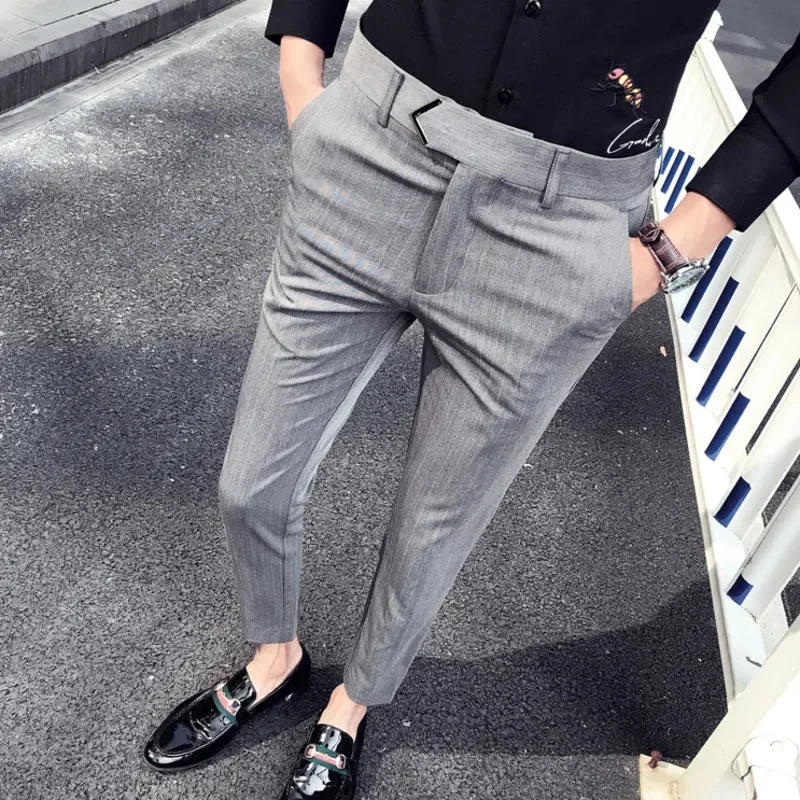 BONSIR   -  British Style Suit Pants Men Dress Pants Social Slim Fit Office Trousers Men Grey Spring New Striped Belt Trousers Men's