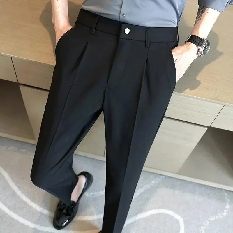 Bonsir British Style Summer New Solid Suit Pants Men Formal Slim Fit Business Elastic Casual High Quality Social Dress