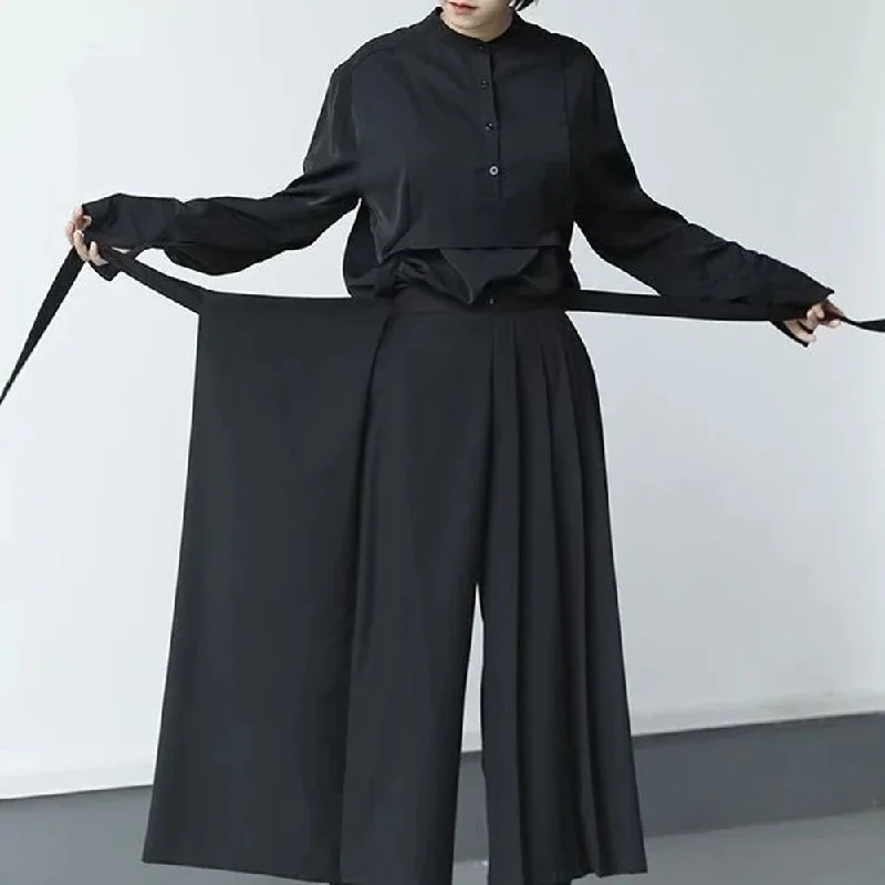 Bonsir Double-layer Pleated Dark Loose Nine-point Wide-leg Pants Unisex Versatile High-waisted Tight-waisted Straight Culottes