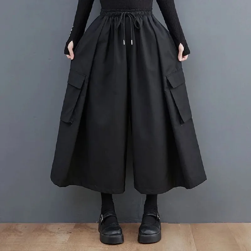 Bonsir Gothic Style Japanese Large Pocket Casual Culottes 2024 New Fashion Loose Daily Versatile Elastic Waist Wide Leg Pants Unisex