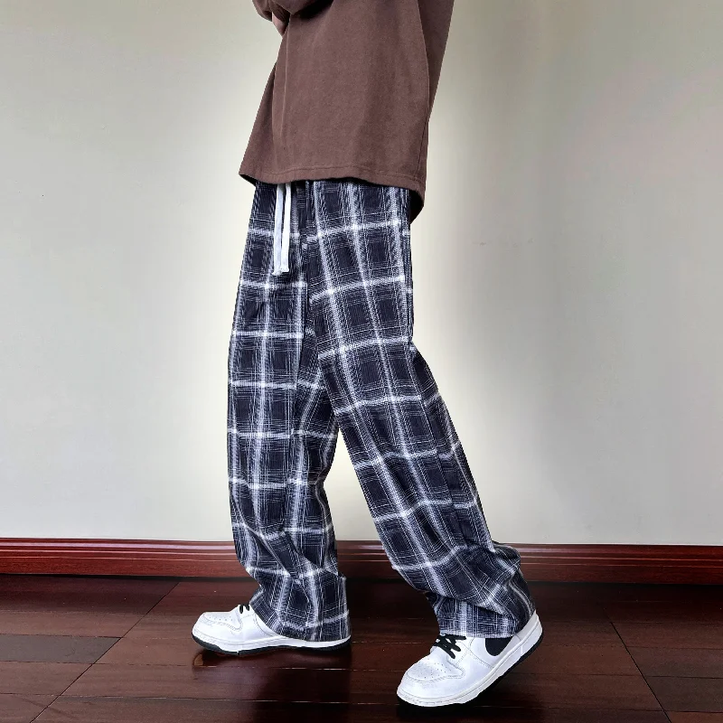 Bonsir Green Black Checkered Corduroy Men's Pants Korea Loose Oversized Casual Fashion Japanese Street Hip-hop Straight Sweatpants