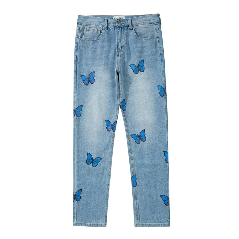 Bonsir Harajuku Butterfly Print Washed Blue Jenas Pants for Mens Retro Straight Vibe Style Ripped Casual Denim Trousers Oversized