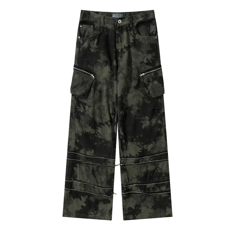 Bonsir Harajuku Zipper and Pockets Straight Wide Leg Camouflage Cargo Pants For Male Spliced Elastic Waist Baggy Casual Denim Trousers