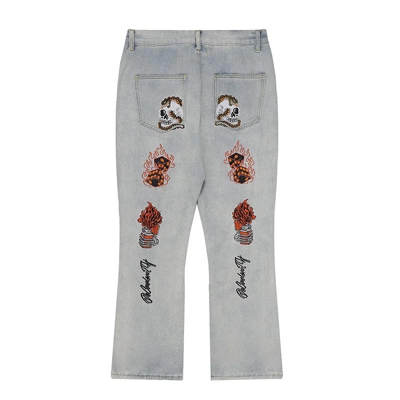 Bonsir High Street Flame Skull Embrodiery Vintage Denim Trousers Men's Distressed Washed Straight Baggy Oversized Jeans Pants