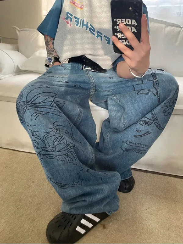 Bonsir Hip Hop Baggy Jeans Men Oversize Denim Pants Blue Jeans Printed Wide Leg Trousers Male Jeans Hippie Streetwear Casual