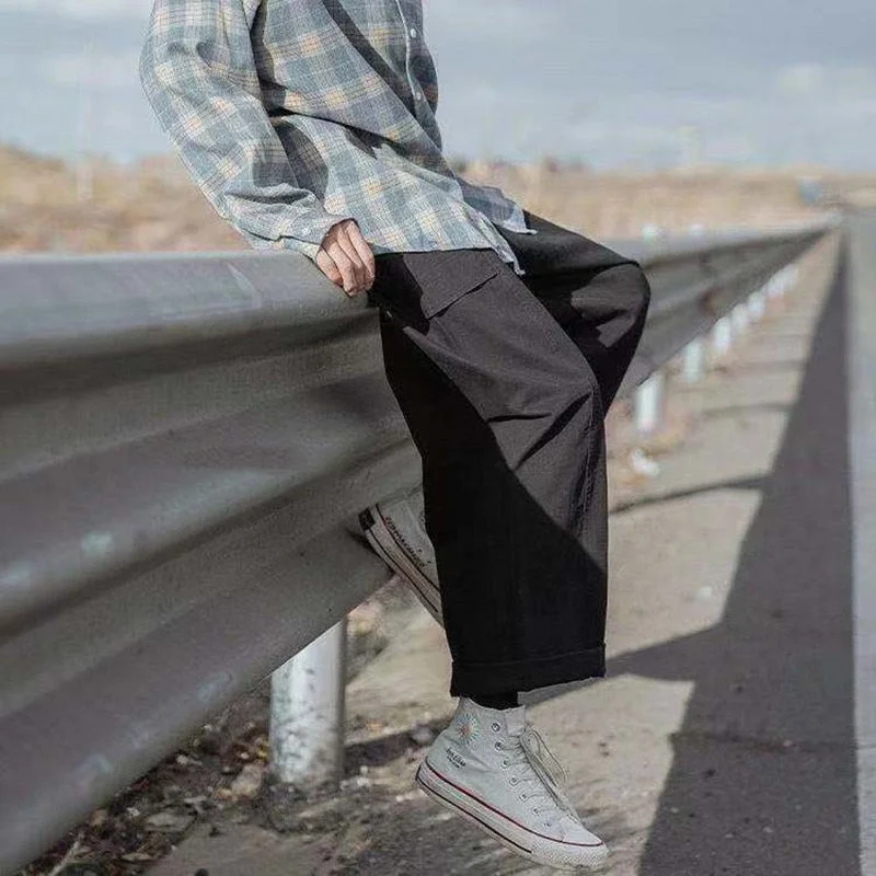 Bonsir Japanese Style Men's Retro Loose Overalls Casual Pants Elastic Waist Black Color Trousers Fashion Trend Baggy Wide Leg Pants