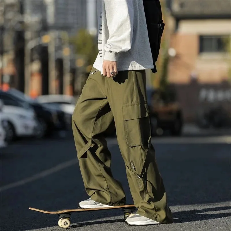 Bonsir Korean Version Vintage High Street Casual Work Pants Men's Students Solid Elastic Waist Pockets Loose Wide Leg Straight Trousers