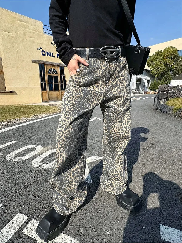 Bonsir Leopard Jeans Women Denim Pants Female Oversize Wide Leg Trousers Streetwear Hip Hop Vintage Animal Print Loose Casual