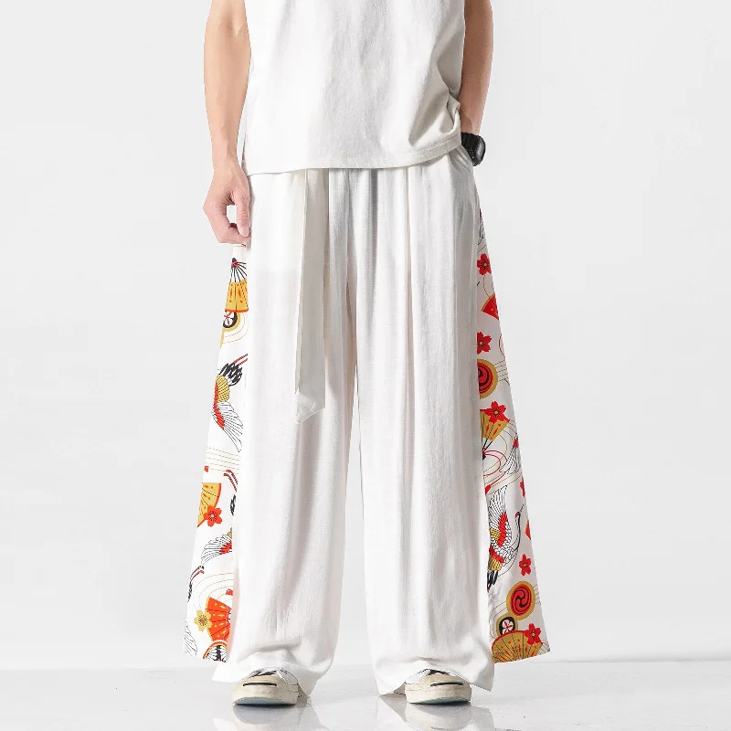 Bonsir Linen Cotton Baggy Pantskit Couple Straight Wide Leg Pants High Quality Summer Thin Mopping Trousers Fashion Print Casual Pants