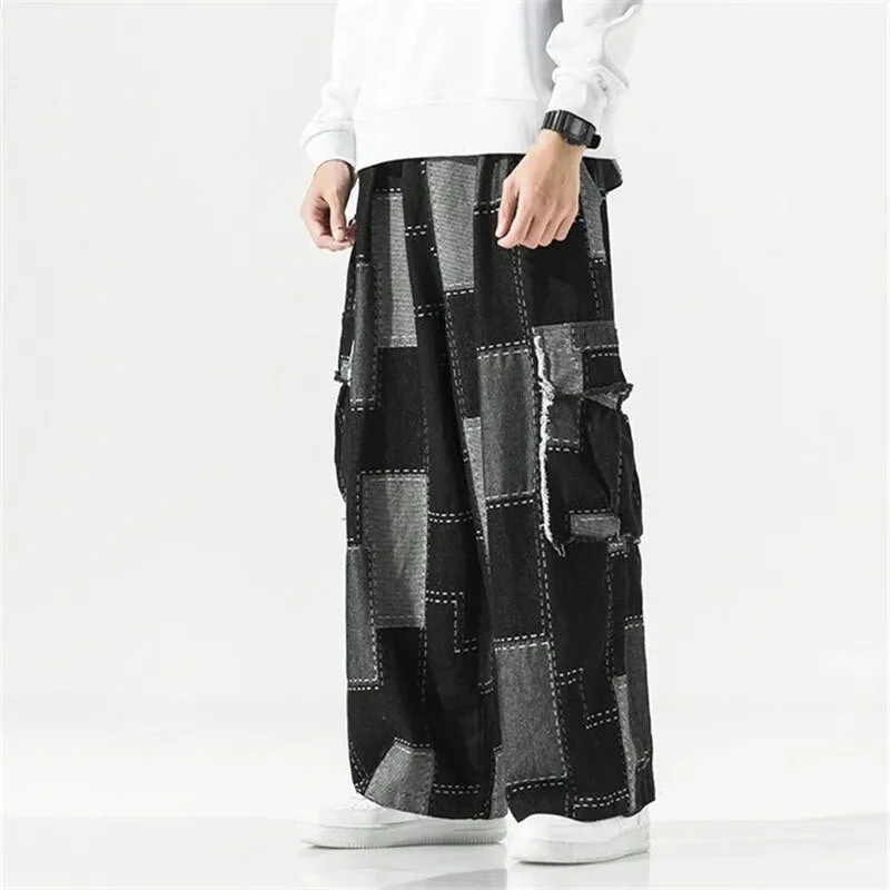 Bonsir Loose Straight Jeans Patchwork Cargo Big Pocket Pants Japanese Harajuku Streetwear