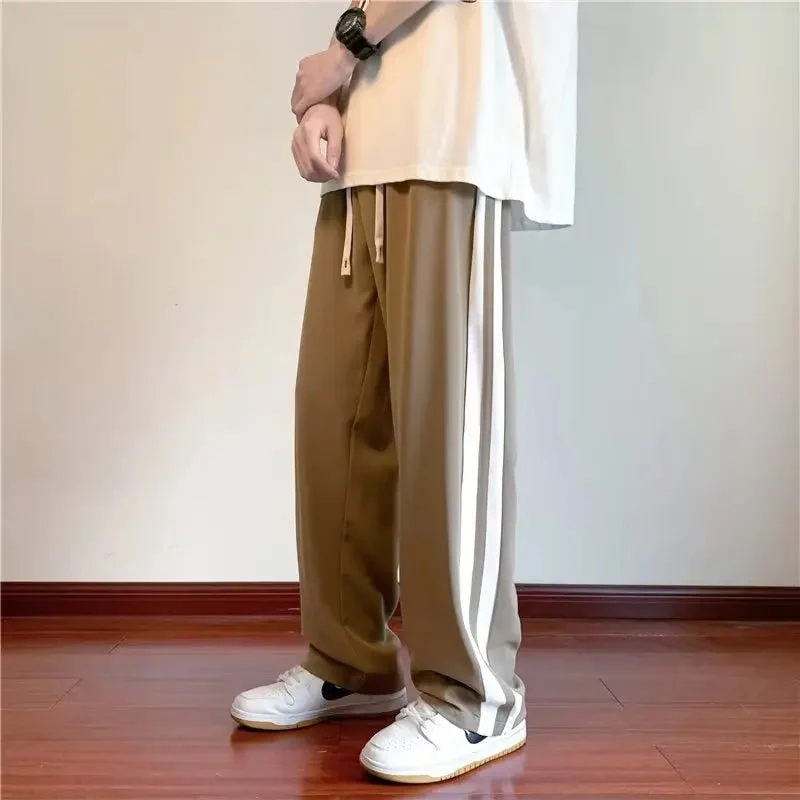 Bonsir Men Pants Side Stripe Solid American Style Outer Sporty Jogging Pantalones Draping Vitality Mops Fashion Daily All-match Baggy