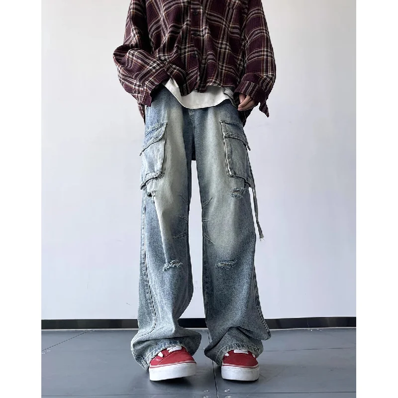 Bonsir Men Ripped Holes Cargo jeans Fashion Burrs Vintage Blue Streetwear Casual Denim Pants Unisex Hip Hop Patchwork Jean Pants