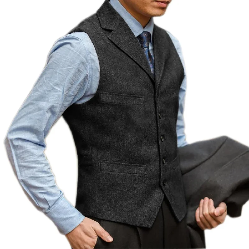 Bonsir Men Vest British Herringbone Tweed Suit Vest Business Formal Dress Waistcoat Notch Lapel Sleeveless Casual Suit Vests