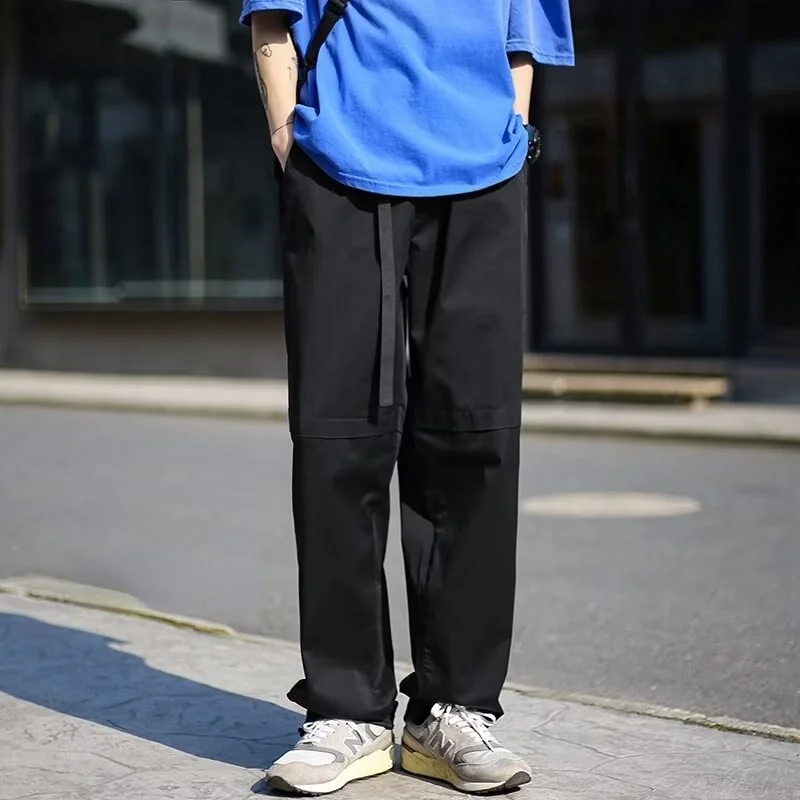 Bonsir Mens Cargo Pants New Spring Autumn Harajuku Style Cotton Straight Casual Pants Elastic Waist Loose Wide Leg Trousers