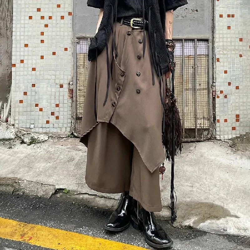 Bonsir Mens Chinese Style Pleated Button Double Button Stacked Irregular Culottes Essential Casual Fashion Trend Loose Wide Leg Pants