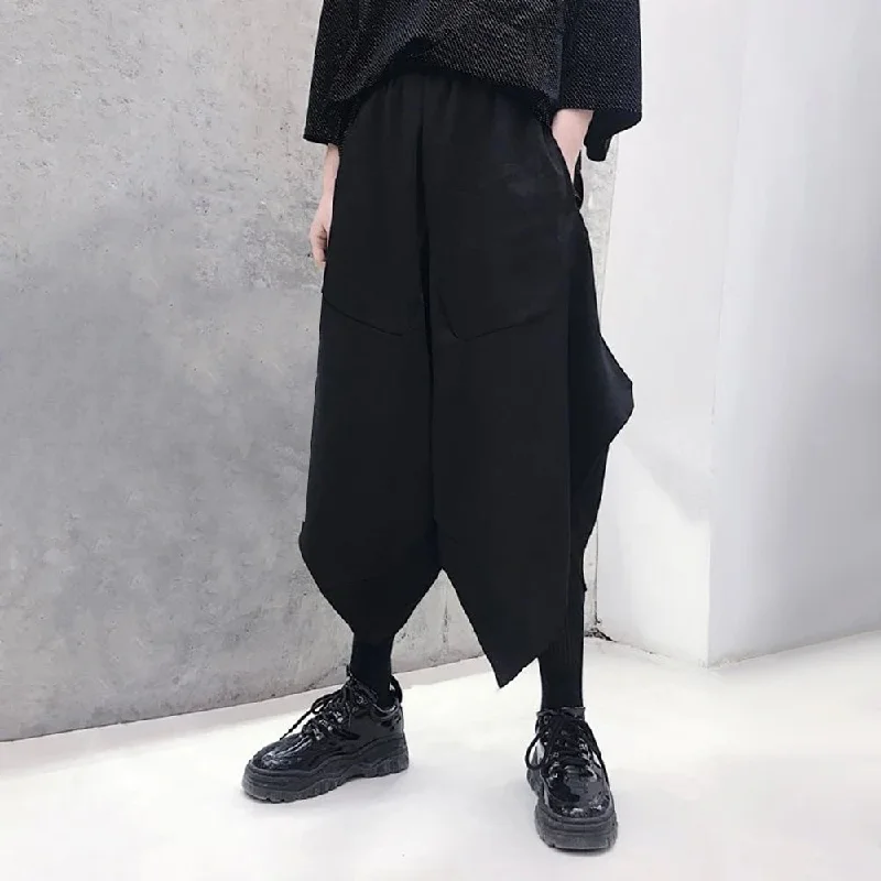 Bonsir Mens Dark Style Casual Irregular Cropped Pants 2024 New Genderless Trendy Personalized Solid Color Loose Wide Leg Pants Unisex