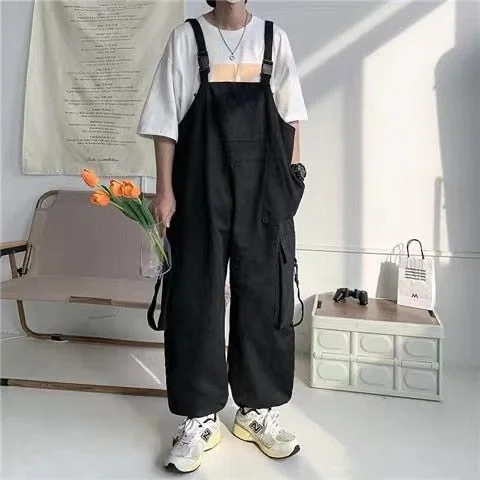 Bonsir Men's Fashion Oversized Overalls College Style Salopettes Romper Jumpsuit Grey/black Color Casual Pants Loose Work Trousers