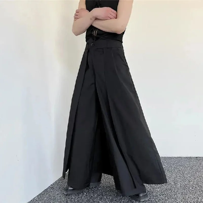 Bonsir Mens Japanese Dark Knight Style Skirt Pant Essential Couples Retro High-Waisted Double-Layer Wide-Leg Slit Casual Pants For Men