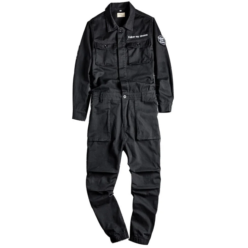 Bonsir Men's Joggers Jumpsuits Casual Multi Pockets Cargo Pants Black Long Sleeve Working Suits Badge Overalls Coveralls