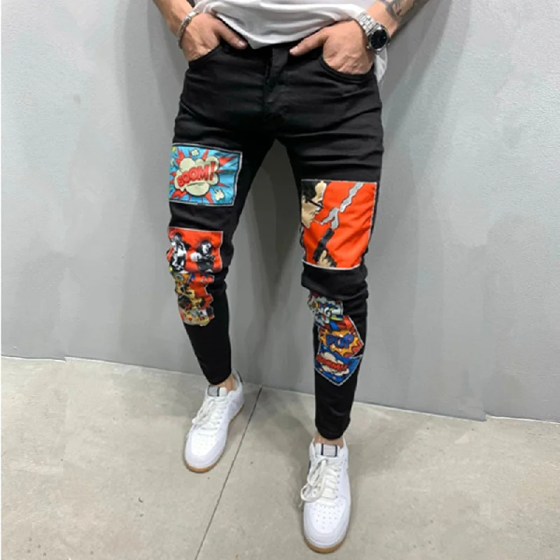 Bonsir New Fashion Mens Jeans Stretch Skinny Patchwork Cartoons Printed Black Jean Men Streetwear Denim Punk Pants Vaqueros Hombre