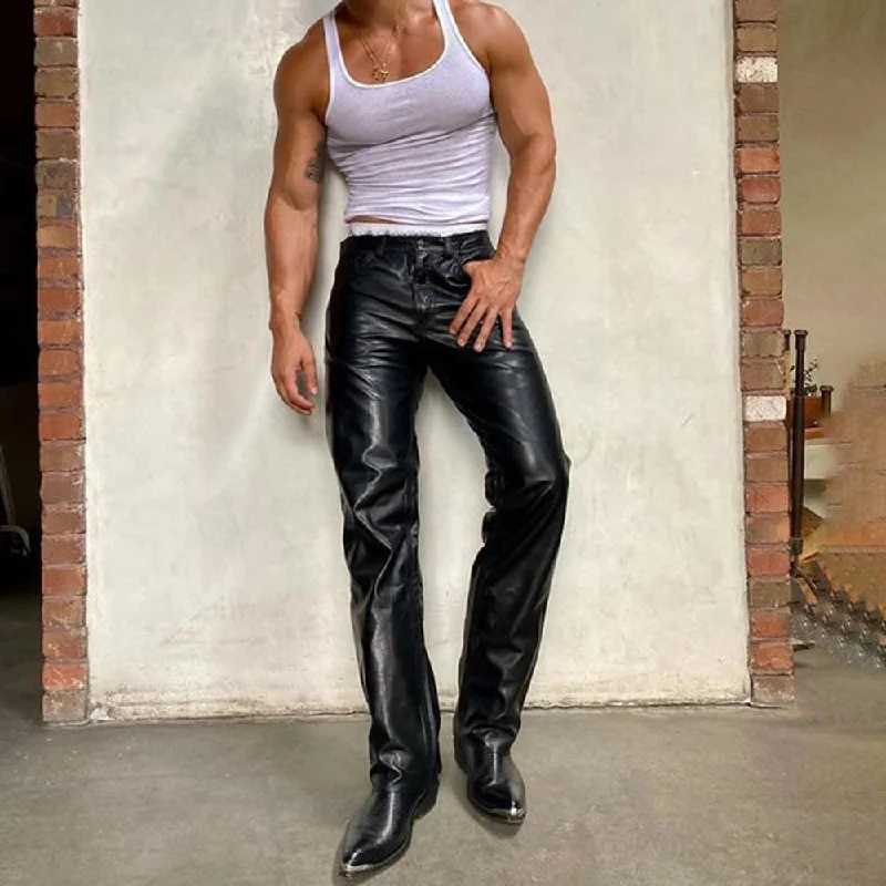 Bonsir New Mens Stretchy Leather Pants Slim PU Leather Skinny Trousers Fashion New Casual Tights Pants Man Sexy Motorcycle Long Pants