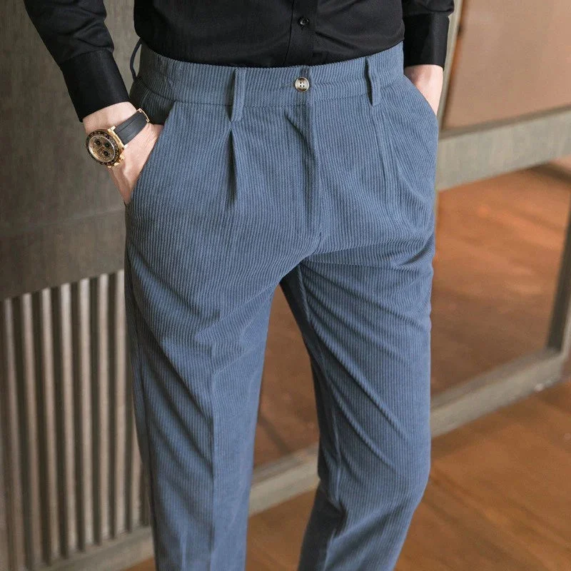 BONSIR  -  Office Trendy Corduroy Pants Men New Spring Fashion Solid Color Pleated Straight Trousers For Mens Casual Wear All-match Trouser