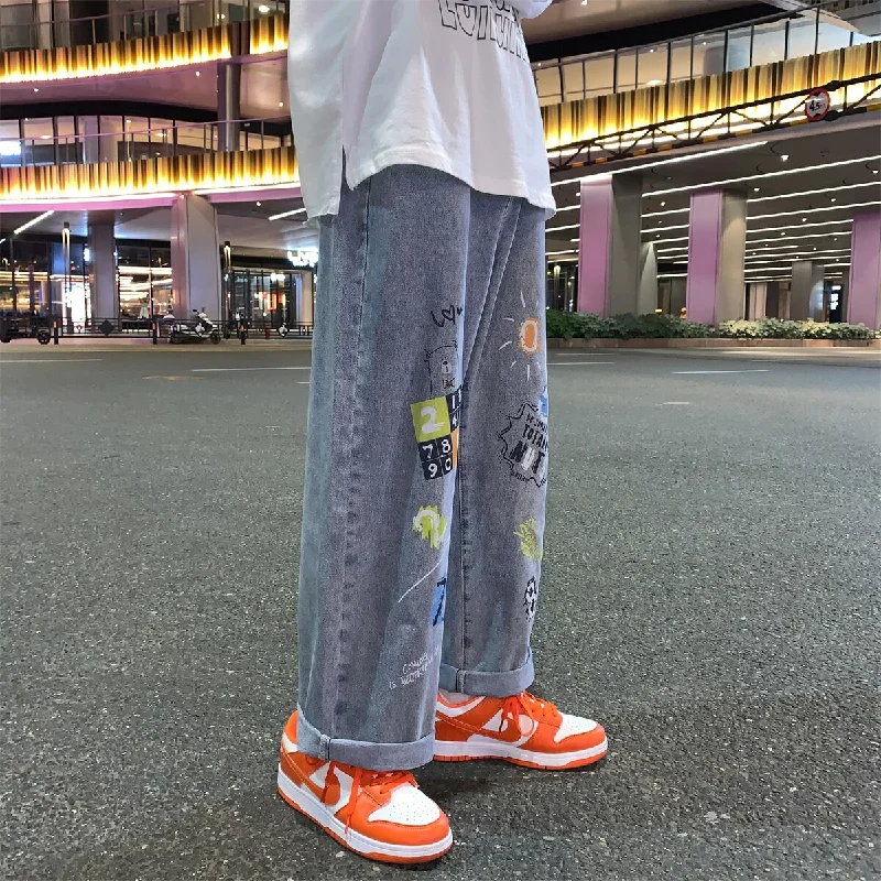 Bonsir Oversize graffiti jeans women's high street fashion ins loose Korean BF style student straight pants 2021 summer Autumn plus