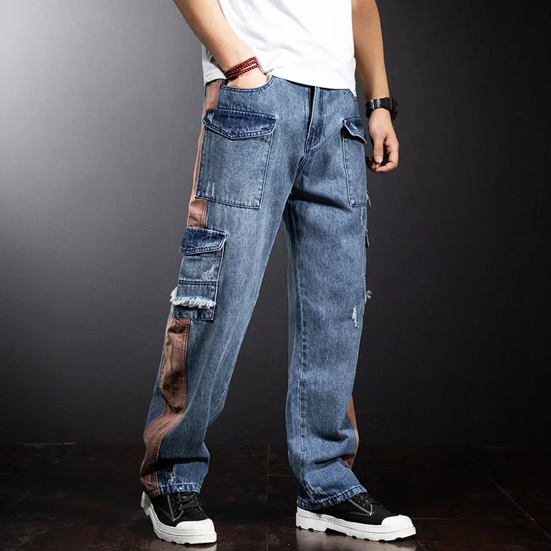 Bonsir Plus Size Jeans Men Denim Pants Baggy Jeans Pants Streetwear Patchwork Trousers Male Big Size Bottoms Fashion Causal