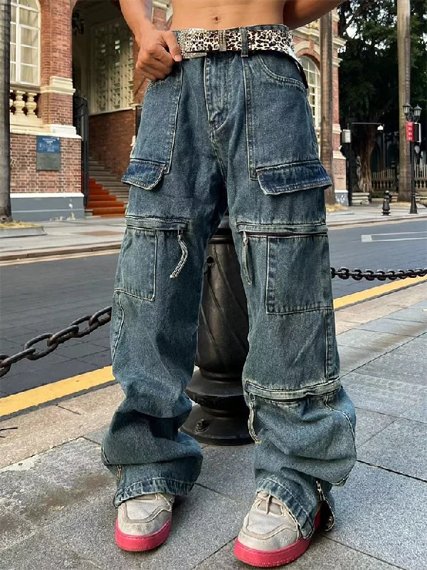 Bonsir Retro Loose Washable Jeans for Men Y2K Large Pocket Straight Sleeve Jeans Baggy Wide Leg Zipper Hip Hop Casual Pants Floor