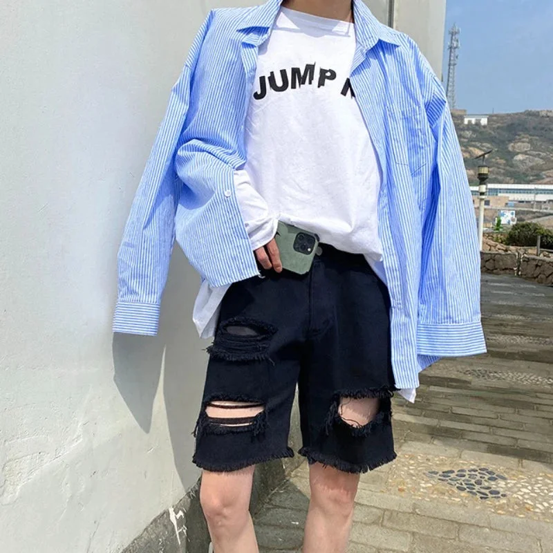 Bonsir Summer Hole Shorts Jeans Men Ripped Denim Pants Fashion Black/Blue Men's Jeans Short Pants Streetwear Straight Jeans Men