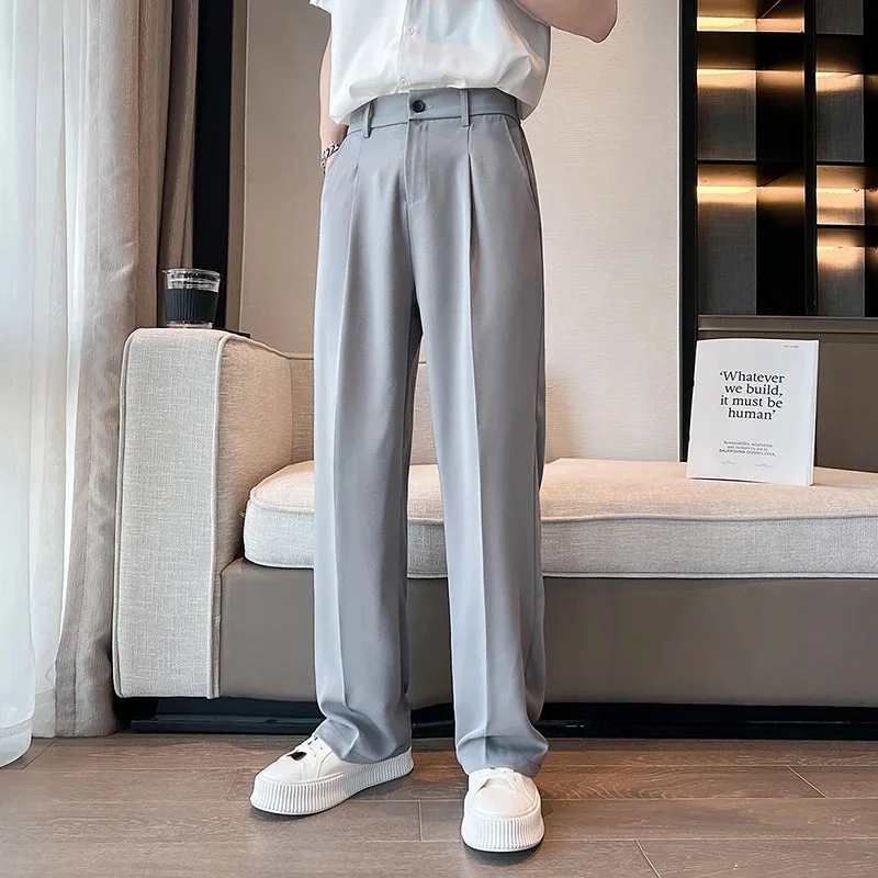 Bonsir Summer Men Thin Casual Suit Pants Long Straight Drape Silky Wide Loose Trousers Male Elastic Waist Oversize Clothes Black White