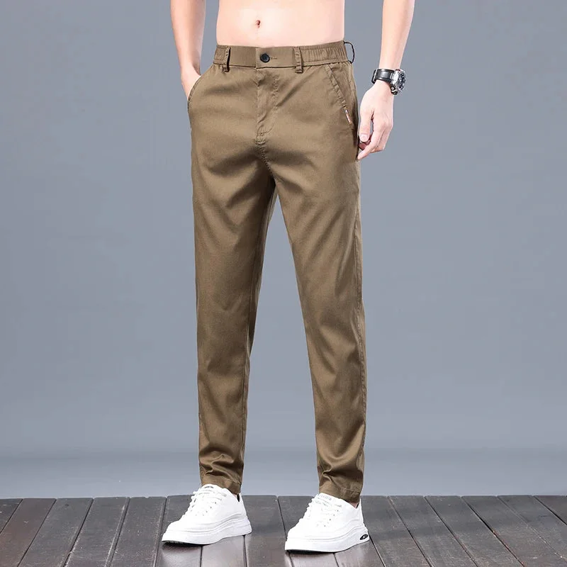 Bonsir Summer Thin Ice Silk Pants Men's Fitted Straight Casual Pants Classic Black Khaki Korean Leisure Elastic Office Trousers