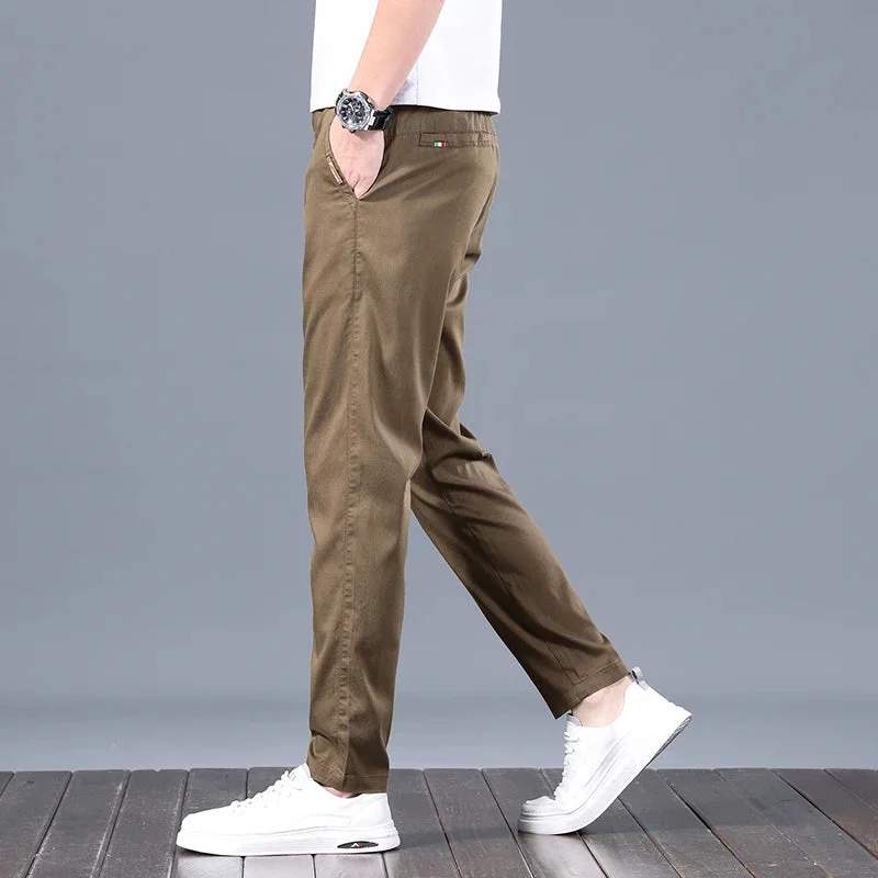 Bonsir Summer Thin Ice Silk Pants Men's Fitted Straight Casual Pants Classic Black Khaki Korean Leisure Elastic Office Trousers