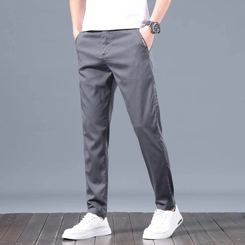 Bonsir Summer Thin Ice Silk Pants Men's Fitted Straight Casual Pants Classic Black Khaki Korean Leisure Elastic Office Trousers