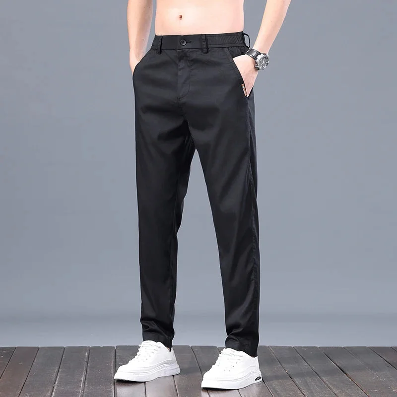 Bonsir Summer Thin Ice Silk Pants Men's Fitted Straight Casual Pants Classic Black Khaki Korean Leisure Elastic Office Trousers