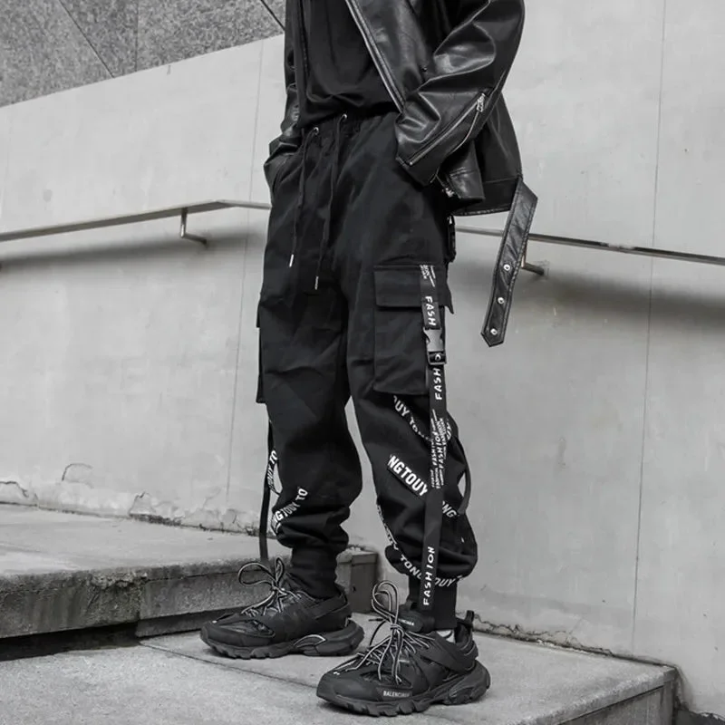 Bonsir Techwear Cargo Pants Men Joggers Black Cargo Trousers for Men Jogging Japanese Streetwear Hip Hop Hippie Gothic Ribbon