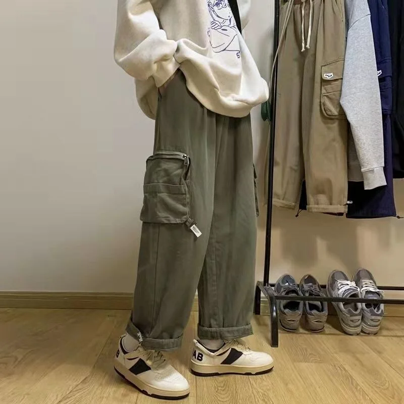 Bonsir Vintage Classic Cargo Pants Men Zipper Straight Trousers Male Japanese Style Loose Casual Streetwear Hip Hop Fashion