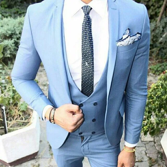 Bonsir Custom Made Groomsmen Sky Blue Groom Tuxedos Notch Lapel Men Suits Wedding Best Man Blazer ( Jacket+Pants+Vest+Tie ) C450