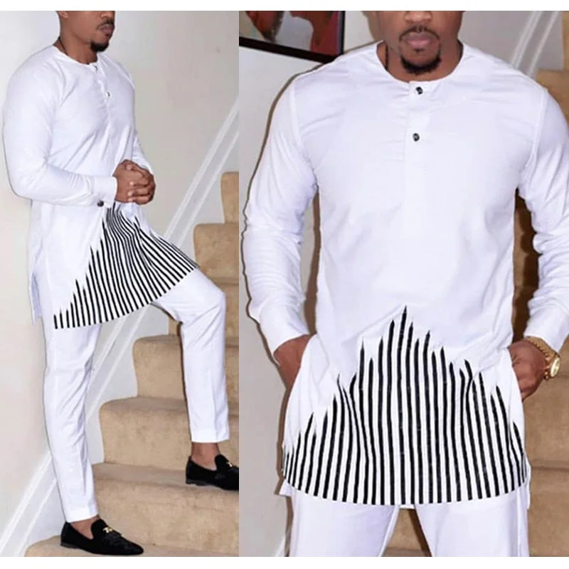 H&amp;D African Dashiki Clothes For Men No Cap Shirt Pants Set Embroidery Tops Trouser Suit Men&#39;s Traditional African Clothing