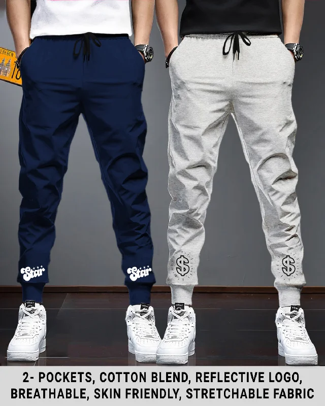 Men Cotton Sports Cuff Ankle Trackpants Combo (Pack of 2) | NavyBlue | LightGrey