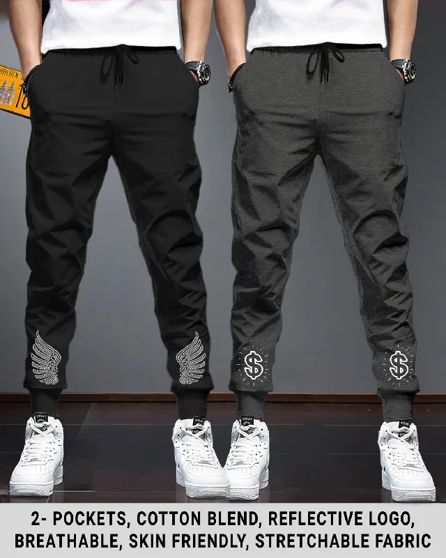 Men Multicolor Cotton Sports Cuff Ankle Trackpants Combo (Pack of 2) | CharcoalBlack | Black