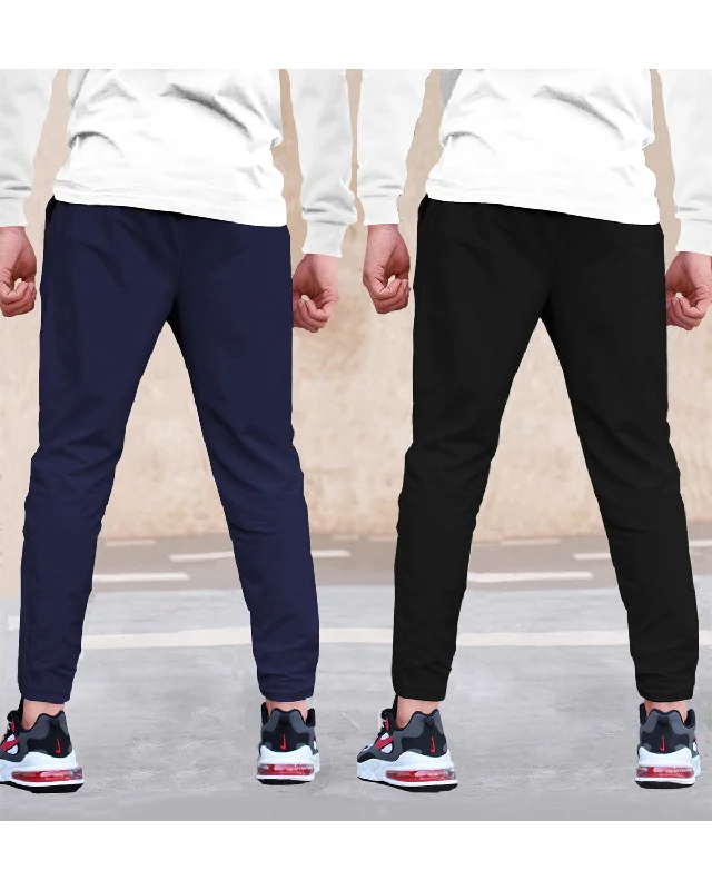 Pack of 2 Men Cotton Designer Multicolor Track Pants | Navyblue | Black