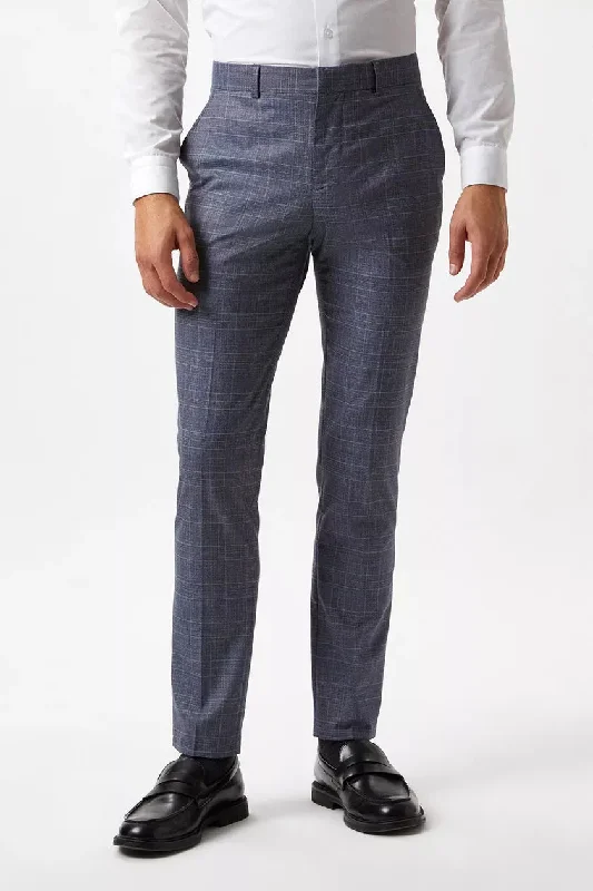 Skinny Fit Denim Wedding Check Suit Trousers Blue