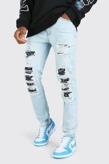 Skinny Rigid Bandana Rips & Repair Jeans Light Blue