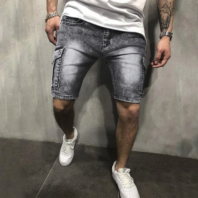 Men's Pocket Denim Shorts Zipper Slim Stretch Five Point Pants Men